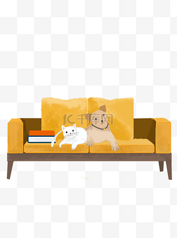 手绘沙发上的小猫和小狗可商用元