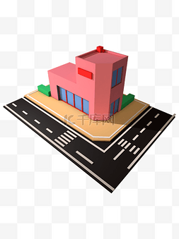 c4d源文件图片_C4D2.5d粉红蓝绿商店斑马线道路街