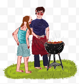 简单草坪图片_春季父女烧烤野餐