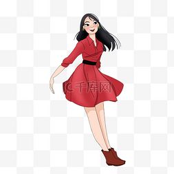 穿红裙子图片_手绘全身穿红裙子的女生png格式