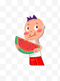 吃西瓜的卡通休闲男孩元素