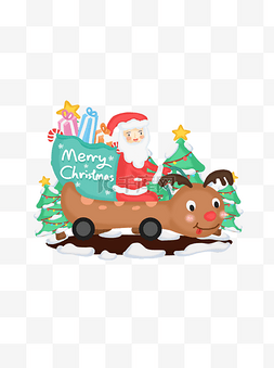 圣诞老人麋鹿车图片_手绘圣诞节可爱圣诞老人场景素材