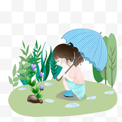 下雨绿色图片_撑伞蹲着看花的女孩免扣素材