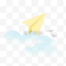 手绘线条云朵图片_黄色纸飞机和云朵PNG免抠素材