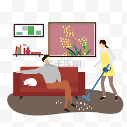 做家务劳动图片_卡通插画风做家务的女人