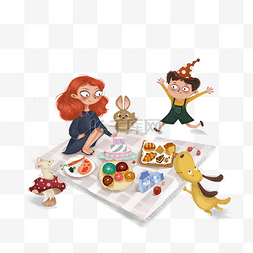 森林野餐美食聚会儿童插画