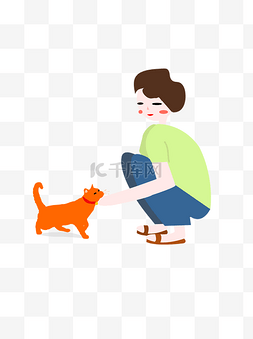 矢量可爱女生撸猫插画元素