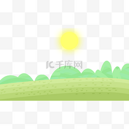 手绘插画太阳图片_户外大自然草地树丛蓝天太阳手绘