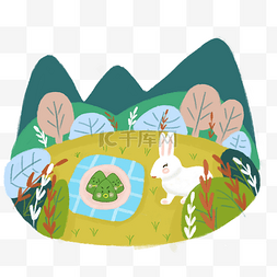 清明节可爱小兔子在户外树林里吃