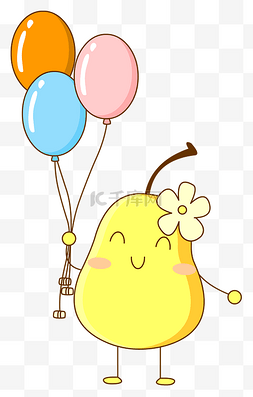彩色的气球和卡通可爱拟人化梨子