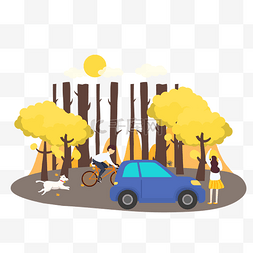 森林大树卡通图片_卡通插画风公园里骑车的男孩