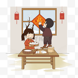 手绘国风小女孩图片_新年装饰房子包饺子卡通手绘