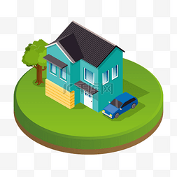 卡通树木房子图片_2.5D绿色的别墅和车矢量图片