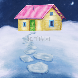 冬季风景手绘插画图片_雪地上的小木屋手绘插画