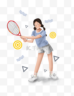 网球公开赛手绘打网球的少女