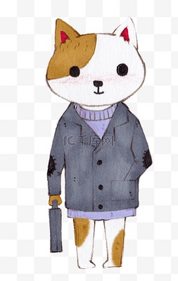 手绘穿冬装提手包的小猫插画