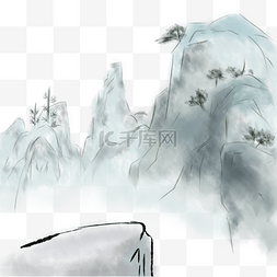 山河风景手绘图片_中国风水墨彩绘山水石崖风景