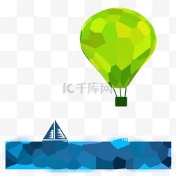 绿色几何渐变图片_飞在海上的热气球