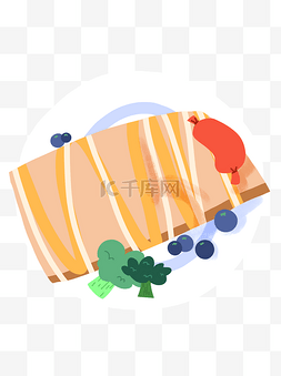 西餐早餐图片_手绘卡通三明治花菜香肠蓝莓美味