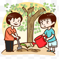 卡通挖土图片_植树节妈妈挖土浇水种树苗手绘人
