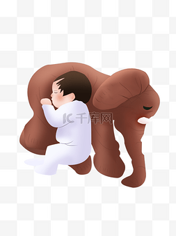 大象睡觉图片_搂着咖啡色大象布娃娃睡觉的小男