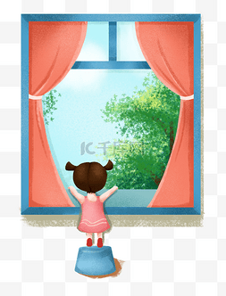 小板凳图片_小清新插画小女孩趴在窗子上装饰