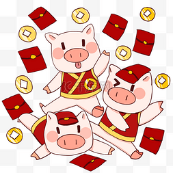 新年金色猪图片_新年金猪和红包插画