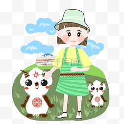 草原肉牛图片_大草原上的女孩手绘卡通插画