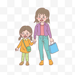 旅游妈妈和小女孩两口手绘