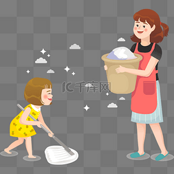 女孩和妈妈卡通图片_感恩节感恩母亲做家务