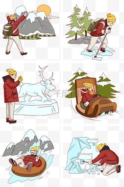 卡通手绘男孩冬季旅游插画