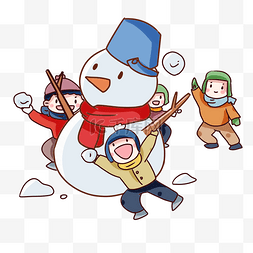 小孩子堆雪人图片_手绘卡通冬天堆雪人