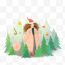 圣诞铃铛小图片_圣诞节的小森林松树林的美少女