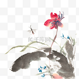 水墨红花图片_鲜花与马蜂水墨画PNG免抠素材