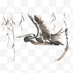 柳树下的水鸟水墨画PNG免抠素材