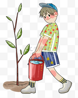 红色植树节图片_植树节浇树的小男孩