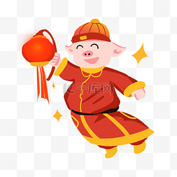 春节财源广进图片_卡通手绘猪宝贝挂灯笼插画