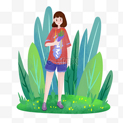 春天绿色植物插画图片_春游拿着鲜花的女孩插画