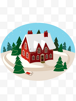 圣诞元素下雪场景圣诞树与房子矢
