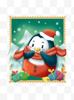 圣诞帽企鹅图片_手绘庆祝圣诞邮票企鹅卡通可爱高