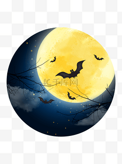 星空月夜图片_万圣节卡通手绘吸血月夜蝙蝠树枝