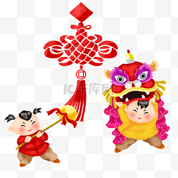 红色狮子图片_新年中国结和舞狮子插画