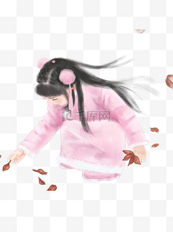 中国风手绘女孩图片_中国风捡落叶的小女孩