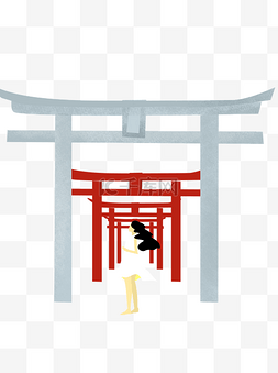 日系神社门前女孩图案元素