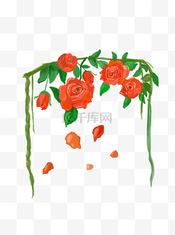 手绘藤蔓上的红玫瑰花矢量元素清