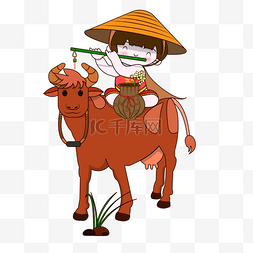 蓑衣图片_清明吹笛的牧童与牛在田间矢量卡