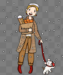 大雪人物和小狗插画