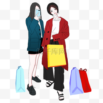 双十一大促闺蜜购物逛街卡通主题插画时尚闺蜜