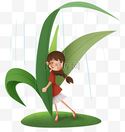 草地雨水图片_郊游叶子下避雨的少女