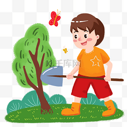 植树节铁锹男孩手绘人物PNG素材